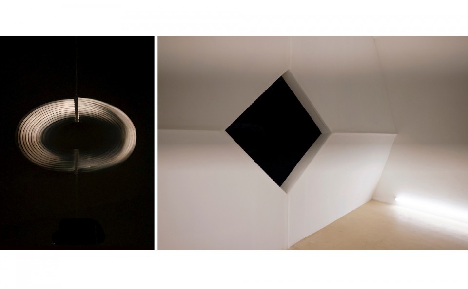 THE HERO WITH A THOUSAND FACES  (kinetic work), plasterboard, patent black paint, fan motor, iron, lighting and sound, 700X370X300cm